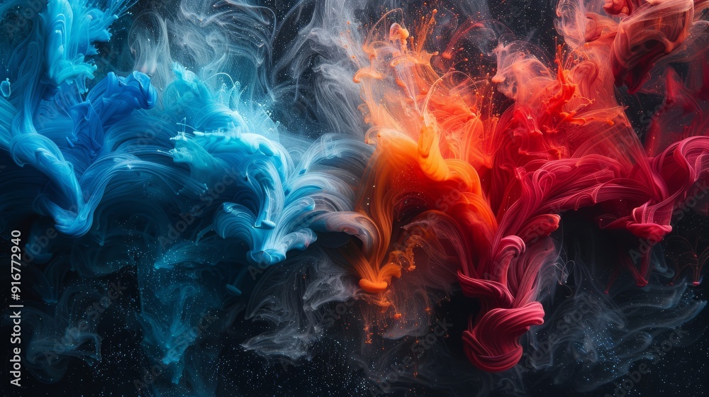 Colorful ink swirls blend together in vibrant blue and red hues against a dark background Colorful ink swirls blend together in vibrant blue and red hues against a dark background