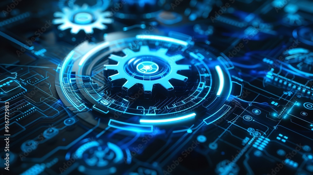 Abstract holographic spherical digital cogwheel with additional icons on a blue background. Innovation concept and tech support. Place of mockup. 3D animation, Generative AI. Abstract holographic spherical digital cogwheel with additional icons on a blue background. Innovation concept and tech support. Place of mockup. 3D animation, Generative AI.