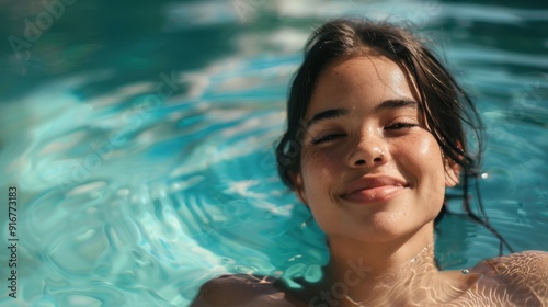 beautiful woman floating in a swimming pool with a relaxing