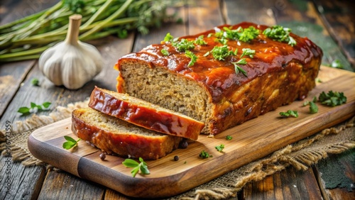 Golden-brown glazed crust of a savory vegan meatloaf with a crispy texture and aromatic herbs on a rustic background. photo