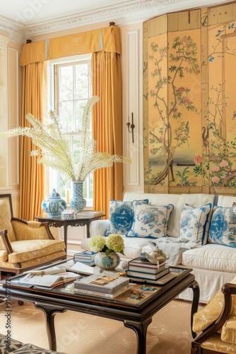 Living room interior with white sofa, pillows and silk chinoiserie wallpaper and porcelain vases. Vertical