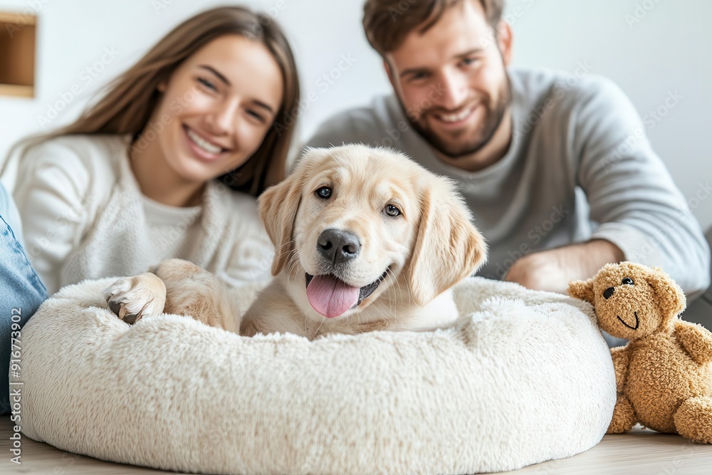 Adorable golden retriever puppy relaxing in a cozy bed with a stuffed toy. Adorable golden retriever puppy relaxing in a cozy bed with a stuffed toy.