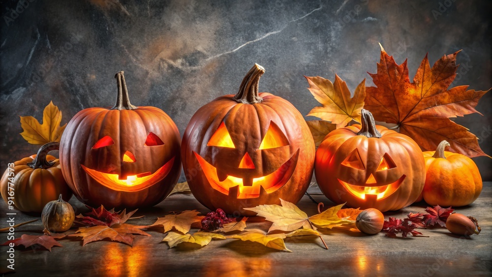 Carved jack-o'-lanterns with spooky expressions sit on a grey background, surrounded by autumn leaves, evoking a haunted Halloween atmosphere. Carved jack-o'-lanterns with spooky expressions sit on a grey background, surrounded by autumn leaves, evoking a haunted Halloween atmosphere.