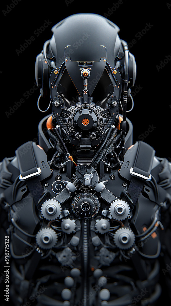 Fototapeta premium A highly detailed robotic figure stands majestically, showcasing advanced mechanics and design elements in a dark environment