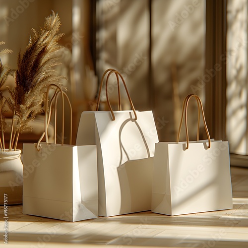 
clean mockup of the three different very little classic carton matte bags with the same handles for jewerly without design, each bag in different projections and different proportions, modern style, 