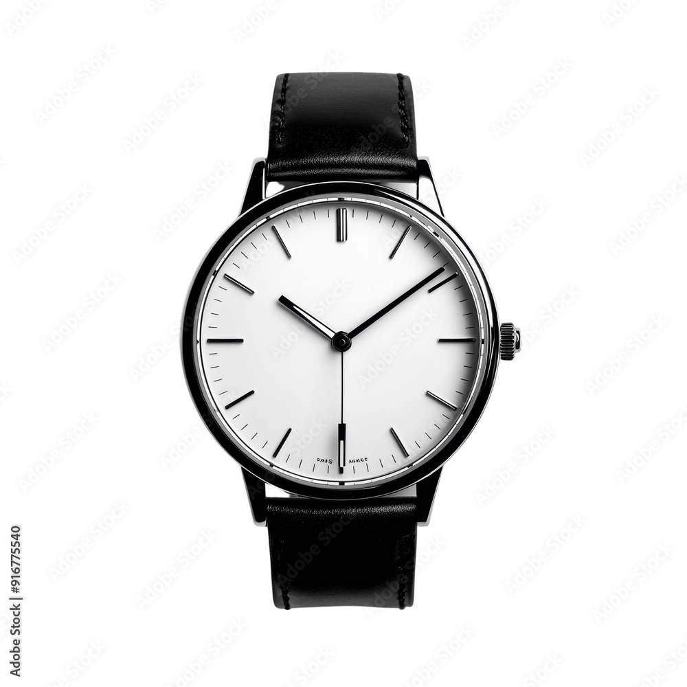 A watch with a black band and a white face. The watch is set to the time of 10:00 A watch with a black band and a white face. The watch is set to the time of 10:00