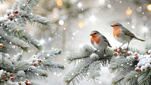 Christmas card, birds on branches, open space