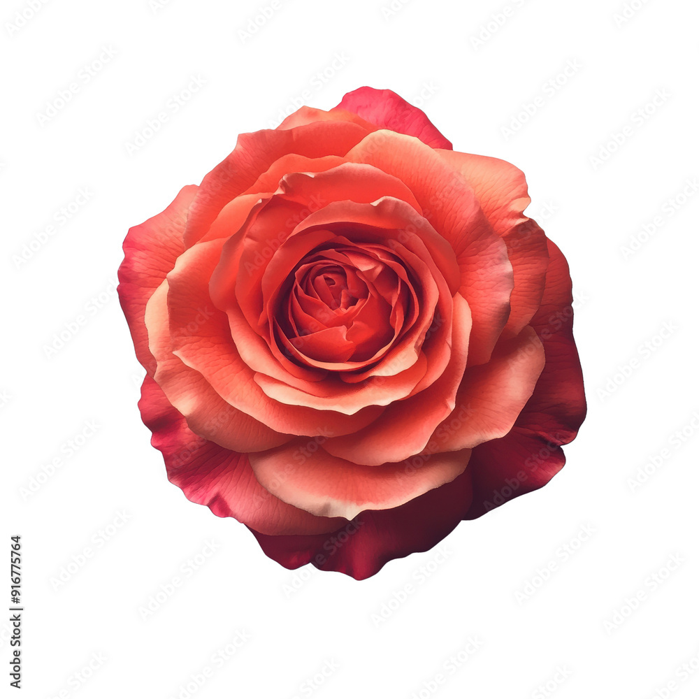 A single red rose with a pink center. The rose is the main focus of the image and is surrounded by a white background. The rose is the most prominent feature of the image, and its color