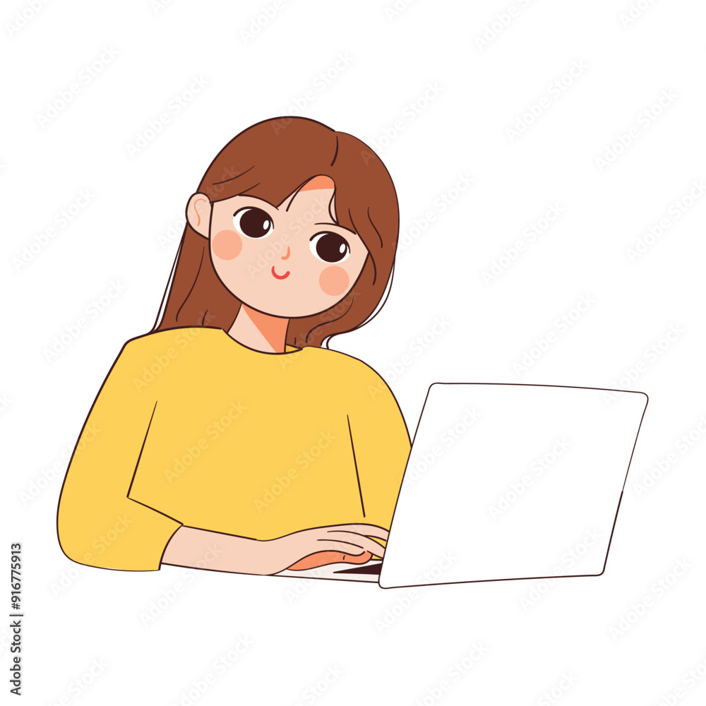 hand drawing cartoon girl wearing yellow shirt sitting in front of laptop. hand drawing cartoon girl wearing yellow shirt sitting in front of laptop.