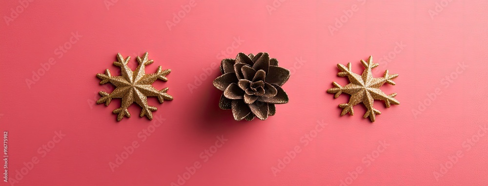Beautifully arranged red gift box background with golden snowflakes captures the essence of Christmas in a top view display Beautifully arranged red gift box background with golden snowflakes captures the essence of Christmas in a top view display