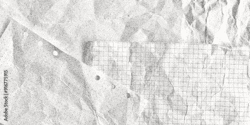 Black dusty textured background, sheets of crumpled checkered, dotted, craft paper. Noisy gritty dot halftone effect, banner in grunge style, overlay. Paper recycling, reuse, template.