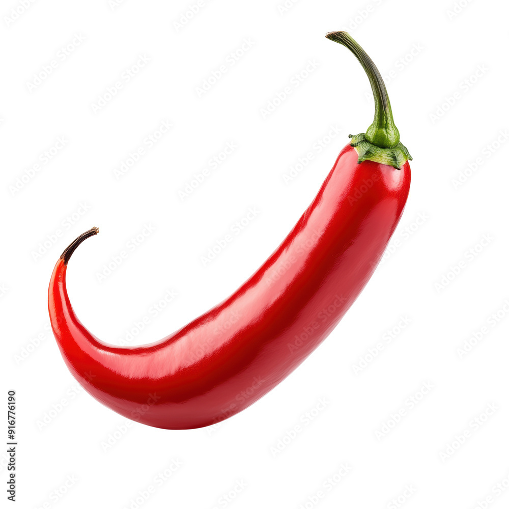 A red pepper is shown in a white background. The pepper is long and curved, with a green stem at the top. Concept of freshness and natural beauty A red pepper is shown in a white background. The pepper is long and curved, with a green stem at the top. Concept of freshness and natural beauty