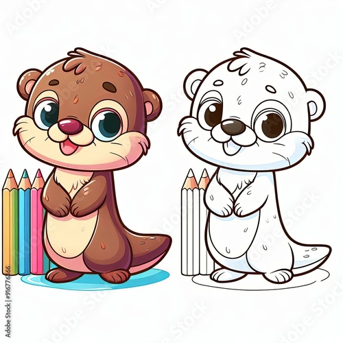 Adorable cartoon otters in color and drawing outline beside bright pencils awaiting to color the charming illustration photo