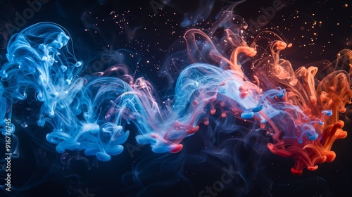 Colorful swirls of blue and red ink blending together in a dark background during nighttime exploration