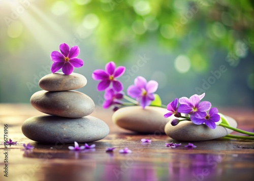 Soothing spa stones and delicate purple flowers on a serene solid background evoke a sense of yoga meditation, relaxation, and tranquility in nature.