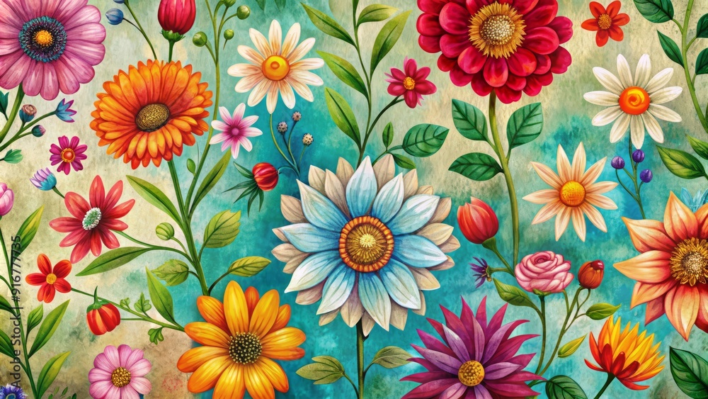 custom made wallpaper toronto digitalWhimsical hand-drawn flowers in vibrant acrylic hues bloom on a distressed vintage-inspired background, evoking a nostalgic springtime essence in a seamless repeating pattern.
