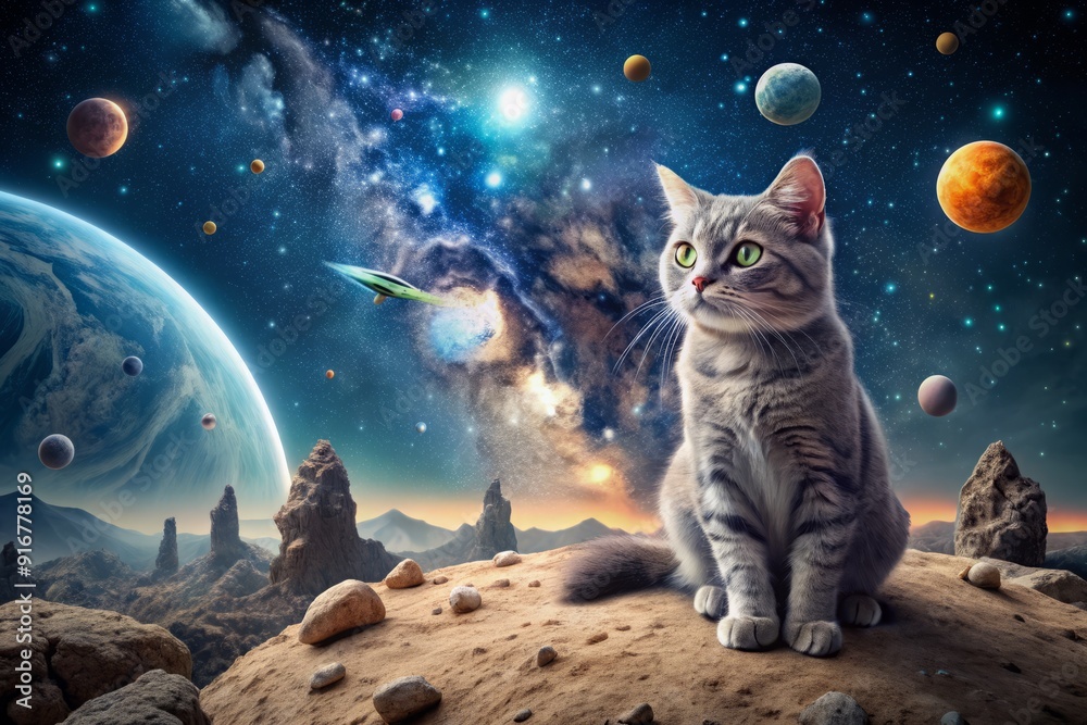 Adorable curious gray cat sitting on rocky lunar surface surrounded by stars, craters, and spaceship debris, gazing at distant Earth with wonder. Adorable curious gray cat sitting on rocky lunar surface surrounded by stars, craters, and spaceship debris, gazing at distant Earth with wonder.