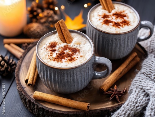 Seasonal coffee drinks, cozy and delicious, close-up, inviting