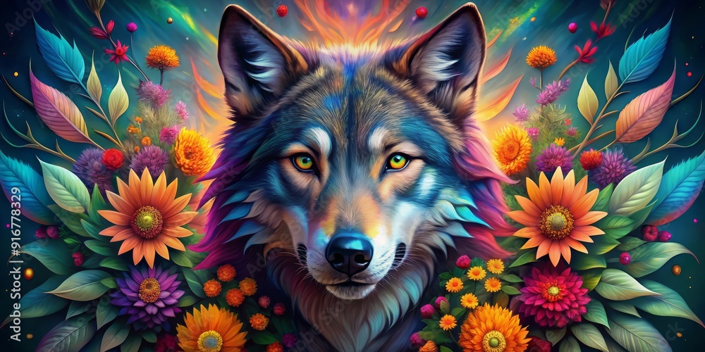 Vibrant digital artwork of a wolf's face blooming from a colorful flower, surrounded by petals, conveying harmony between nature and ferocity in whimsical union. Vibrant digital artwork of a wolf's face blooming from a colorful flower, surrounded by petals, conveying harmony between nature and ferocity in whimsical union.