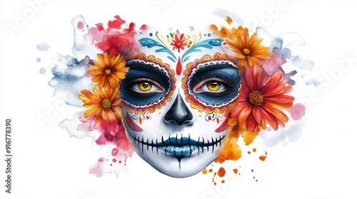 Vibrant 3D Watercolor DÃ­a de Muertos Face Paint Design - Artistic Skull Makeup