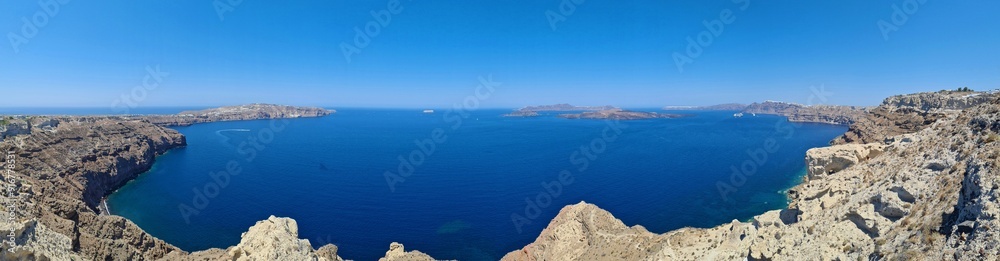 Panoramic view of the caldrea with the white towns of Santorini island, Cyclades, Greece Panoramic view of the caldrea with the white towns of Santorini island, Cyclades, Greece