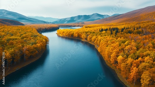 Highaltitude shot of a picturesque wilderness landscape, with vibrant autumn foliage and winding rivers creating a colorful and scenic panorama 8K , high-resolution, ultra HD,up32K HD