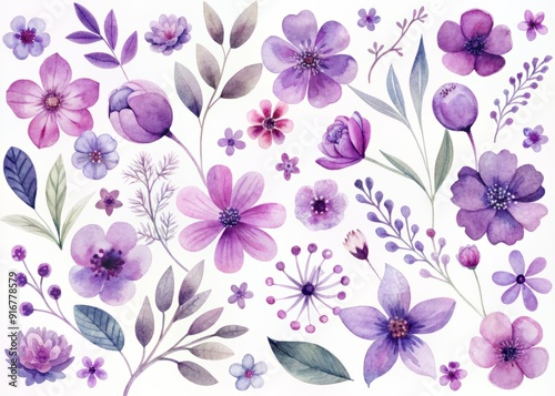 Fototapeta Naklejka Na Ścianę i Meble -  Delicate purple watercolor flowers in various shapes and sizes scattered across a clean white background, perfect for adding a touch of elegance to any design.