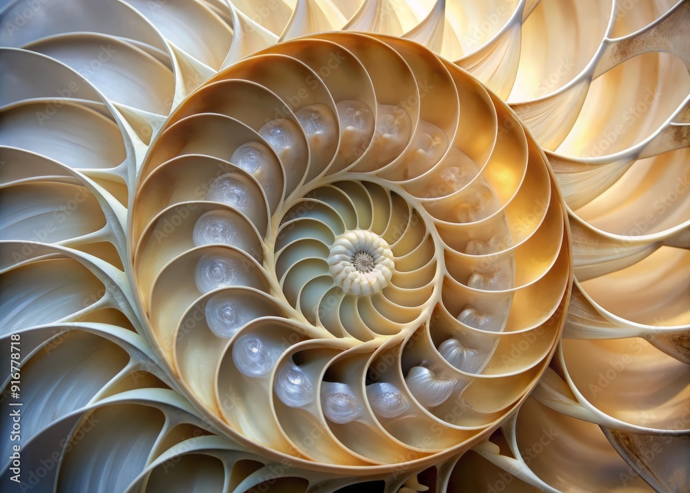 Intricate spiral chambers of a nautilus shell in extreme close-up, showcasing mesmerizing geometric patterns and swirling shapes in shades of ivory and cream.
