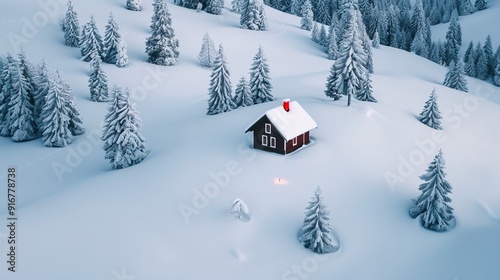 Topdown view of a picturesque wintery landscape with snowcovered fields and charming cabins 8K , high-resolution, ultra HD,up32K HD