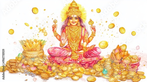 3D Watercolor Goddess Lakshmi Idol - Surrounded by Gold - Digital Art