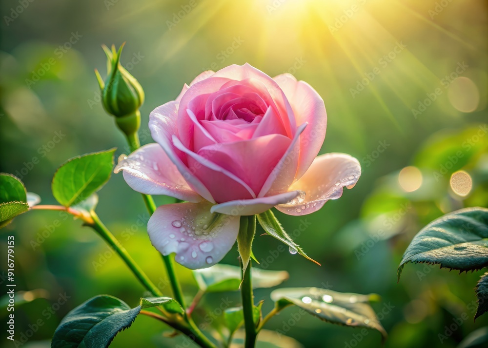 Obraz premium Delicate pink petals unfold from a lush green stem, surrounded by soft focus background, capturing the gentle beauty of a freshly bloomed rose in morning dew.