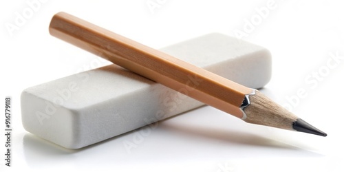 A solitary white eraser sits atop a sharpened graphite pencil on a clean, isolated white background, waiting to correct creative mistakes. photo