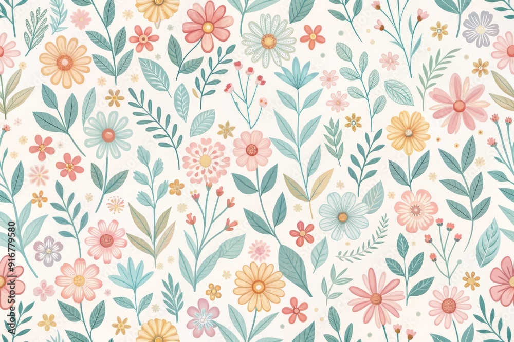 Delicate, pastel-hued flowers with simple petals and stems repeat in a seamless pattern on a clean white background, perfect for fabric, decor, and gift wrapping.