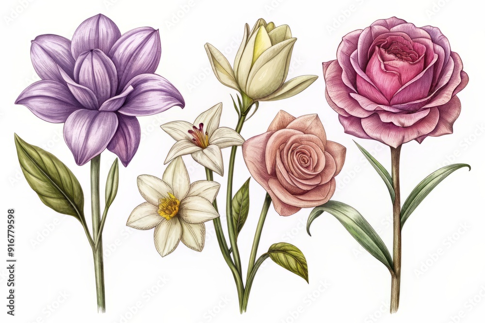Delicate hand-drawn vector illustration of a beautiful flower set featuring rose, lily, narcissus, and violet in elegant engraved style, isolated on a clean white background. Delicate hand-drawn vector illustration of a beautiful flower set featuring rose, lily, narcissus, and violet in elegant engraved style, isolated on a clean white background.