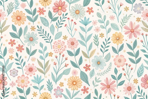 Delicate, pastel-hued flowers with simple petals and stems repeat in a seamless pattern on a clean white background, perfect for fabric, decor, and gift wrapping.