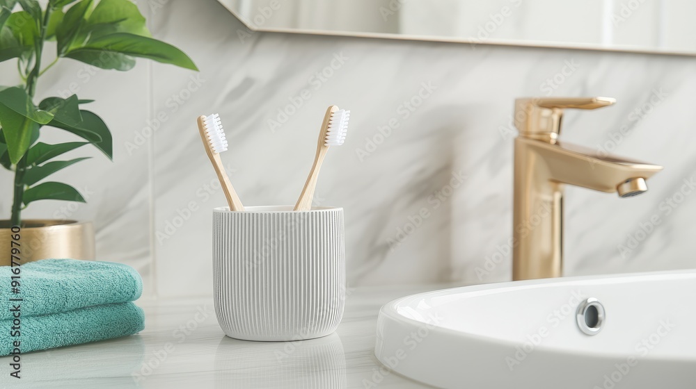 Fototapeta premium A white table holds green plants and toothbrushes in front of a sink, creating a clean and inviting bathroom environment
