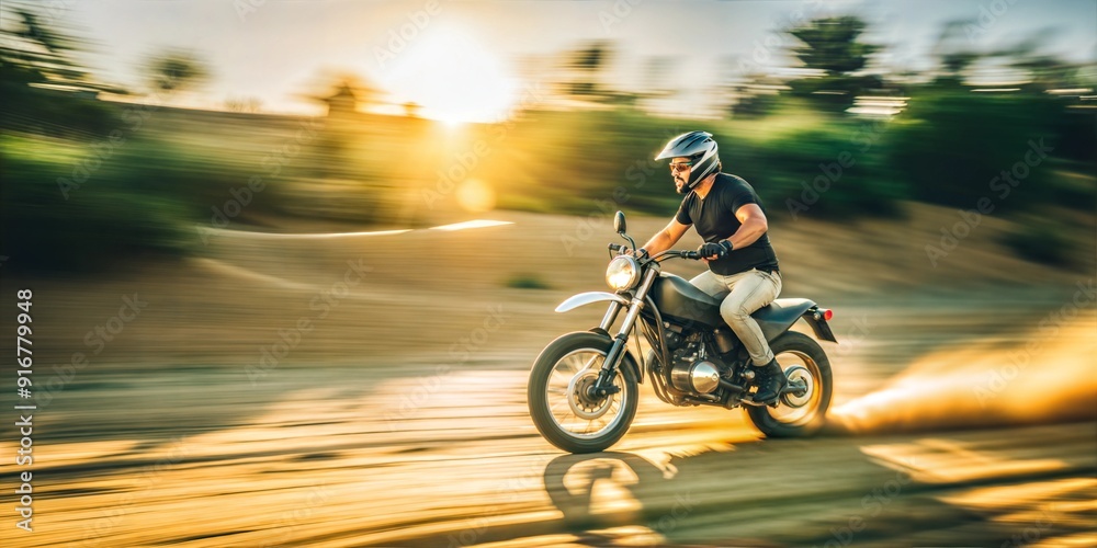 Motorcyclist riding fast on dirt road at sunset Motorcyclist riding fast on dirt road at sunset