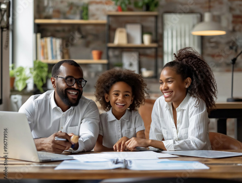 A man, a woman and a child are sitting at a desk with a laptop. Scene is happy and friendly