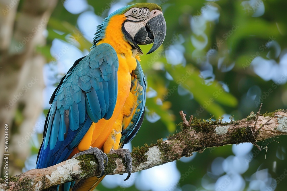 Orinoco Delta, Venezuela: Gold and Blue Macaws (Ara ararauna) perched on tree branches, Generative AI. Orinoco Delta, Venezuela: Gold and Blue Macaws (Ara ararauna) perched on tree branches, Generative AI.