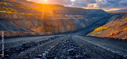 A vast open pit mine at sunset with a road leading into the depths. The mining industry is a vital part of the global economy.