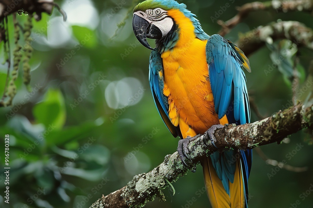 Orinoco Delta, Venezuela: Gold and Blue Macaws (Ara ararauna) perched on tree branches, Generative AI. Orinoco Delta, Venezuela: Gold and Blue Macaws (Ara ararauna) perched on tree branches, Generative AI.