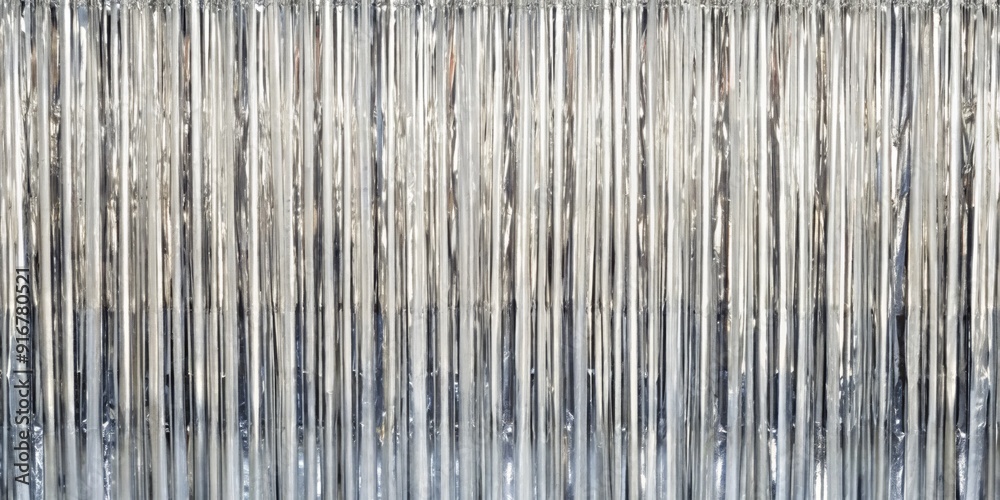 Luxurious silver foil fringe curtain sparkles with shimmering glitter tinsel, perfect for adding glamour to wedding, birthday, Christmas, or New Year's Eve party decorations. Luxurious silver foil fringe curtain sparkles with shimmering glitter tinsel, perfect for adding glamour to wedding, birthday, Christmas, or New Year's Eve party decorations.