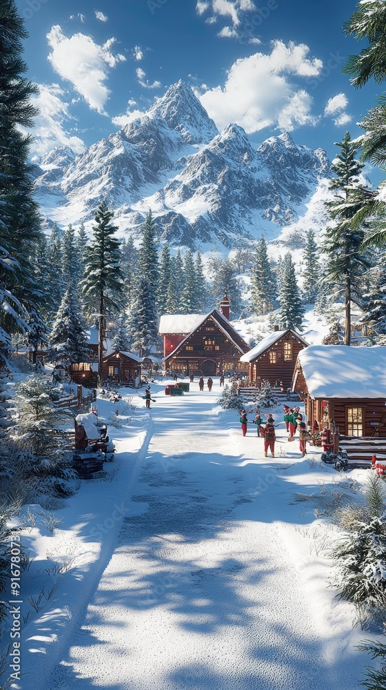 Design a whimsical Christmas background with Santa workshop, bustling with elves preparing toys for delivery Design a whimsical Christmas background with Santa workshop, bustling with elves preparing toys for delivery