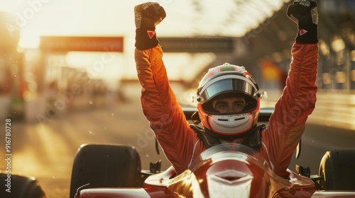 Race car driver celebrating a win