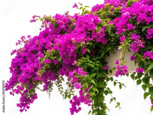 Vibrant purple bougainvillea flowers cascade down a lush green bush, its delicate tendrils climbing upwards, isolated on a stark white background, evoking tropical serenity.