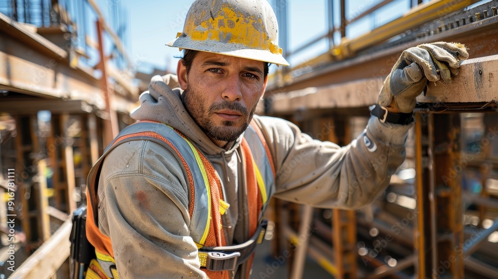 Construction worker in safety gear focused on his task at a construction site during daylight hours