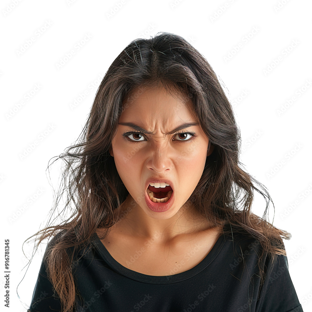 A woman with long hair and a black shirt is making a face and yelling. Concept of anger and frustration A woman with long hair and a black shirt is making a face and yelling. Concept of anger and frustration
