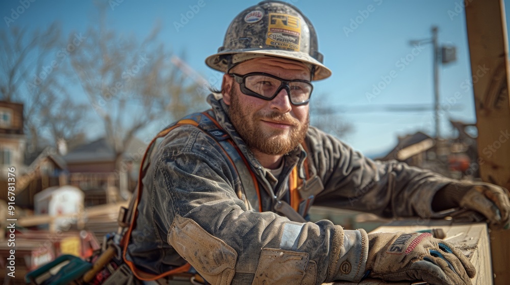 Experienced construction worker smiling while taking a break at a building site on a sunny day Experienced construction worker smiling while taking a break at a building site on a sunny day