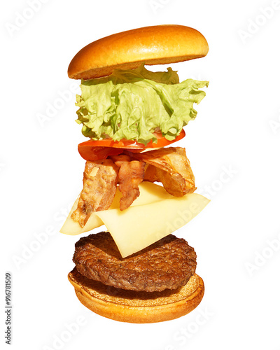 Flying burger layers with beef patty, bacon, cheese, lettuce, tomato, and bunisolated image