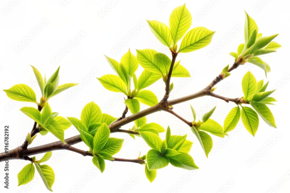 Fresh vibrant green leaves sprout from a delicate tree branch, isolated on a crisp white background, symbolizing growth, renewal, and serenity in nature. Fresh vibrant green leaves sprout from a delicate tree branch, isolated on a crisp white background, symbolizing growth, renewal, and serenity in nature.